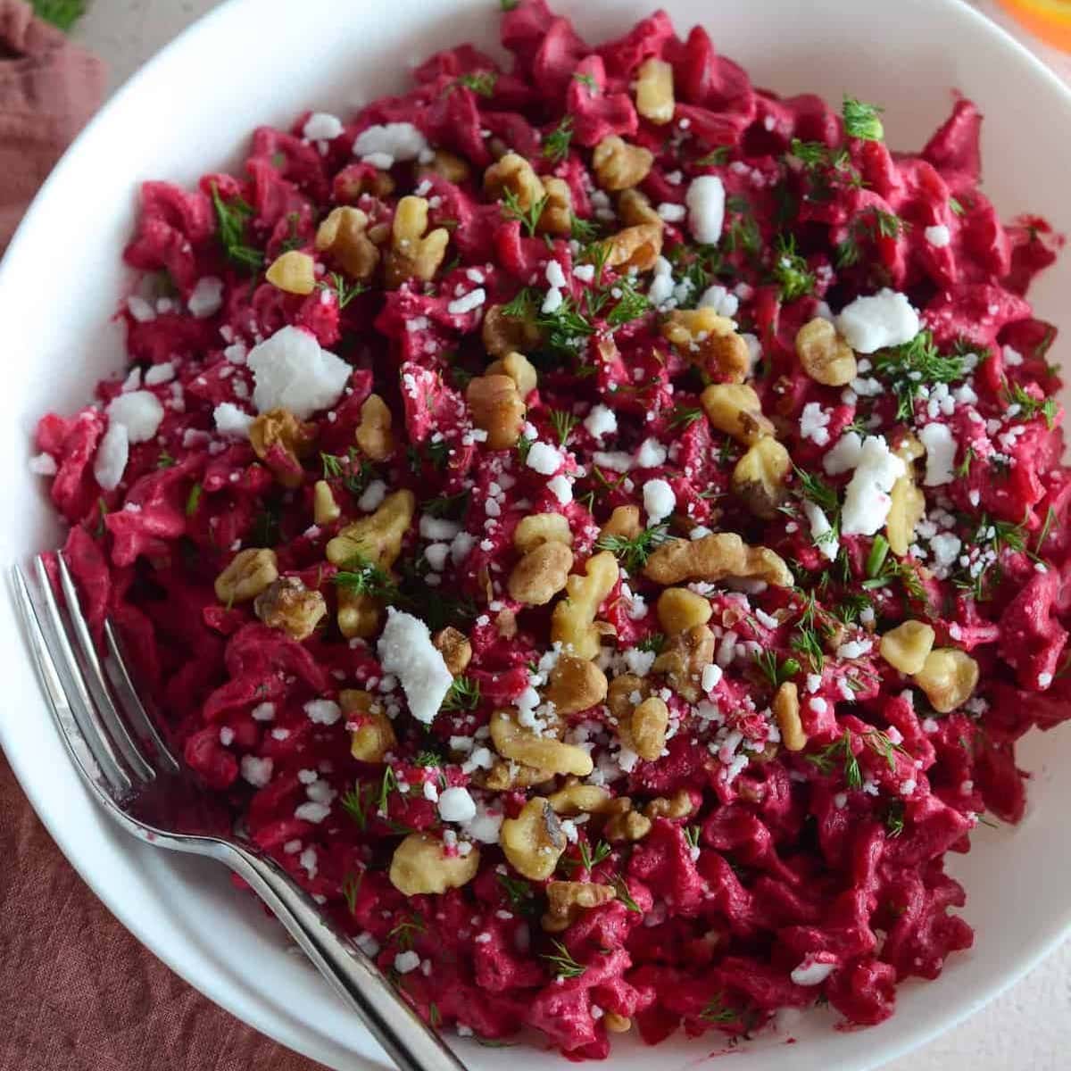 22. Creamy Beet Pasta Sauce with Feta and Walnuts