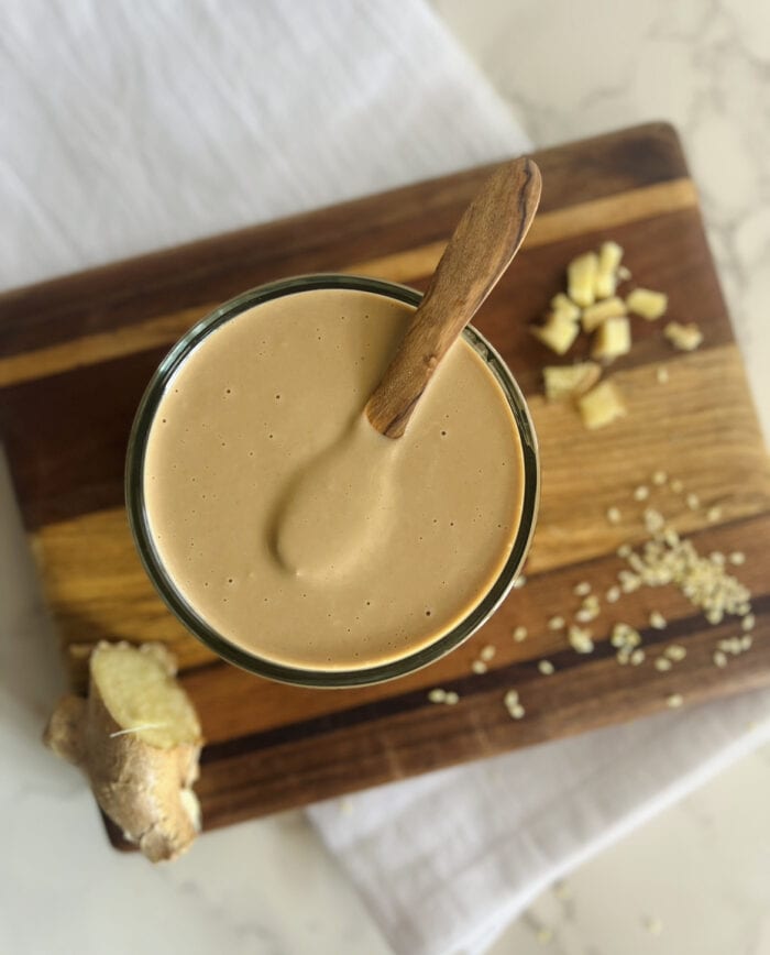 overhead picture of creamy sesame ginger dressing (vegan).