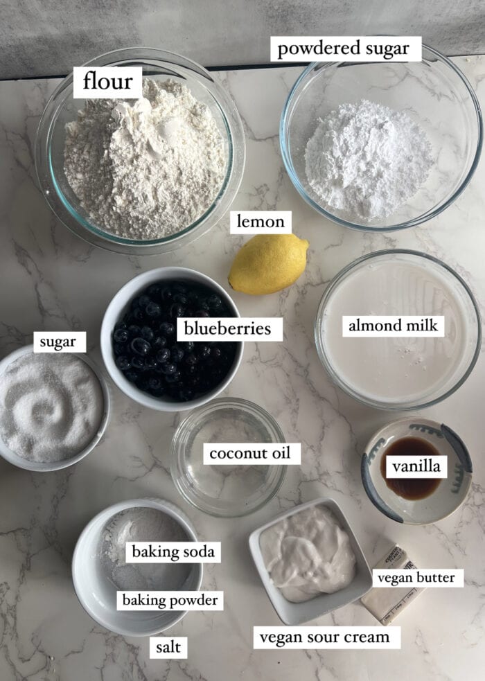 Overhead picture of ingredients for vegan blueberry coffee cake. 