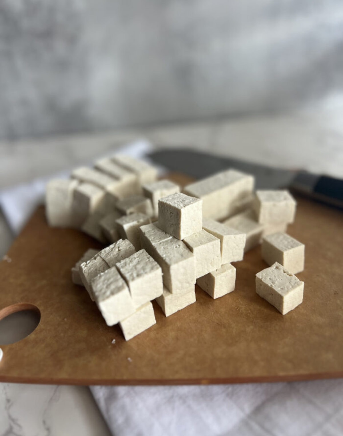 This is a photo of cut tofu cubes.