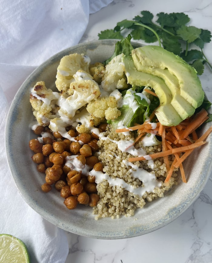 This is a picture of buffalo chickpea bowl overhead shot.