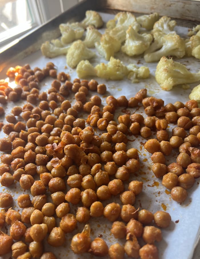 This is a picture of roasted chickpeas and cauliflower.