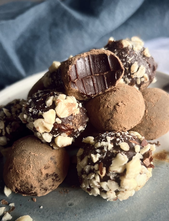 This is a picture of a close up of vegan truffles. 