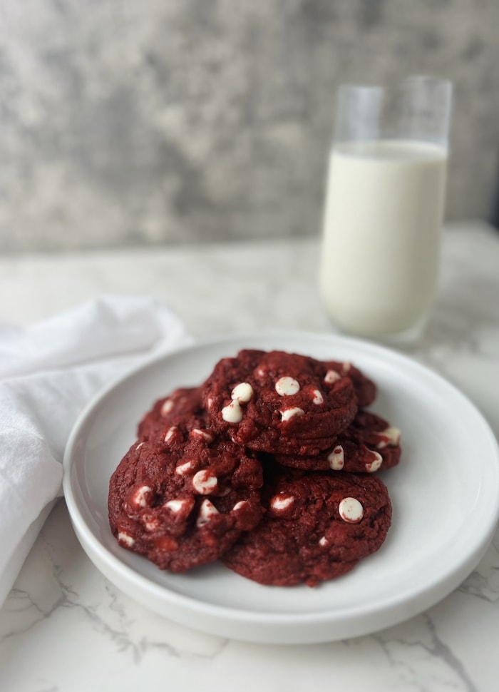 This is a photo of the red velvet cookies on a plate. 