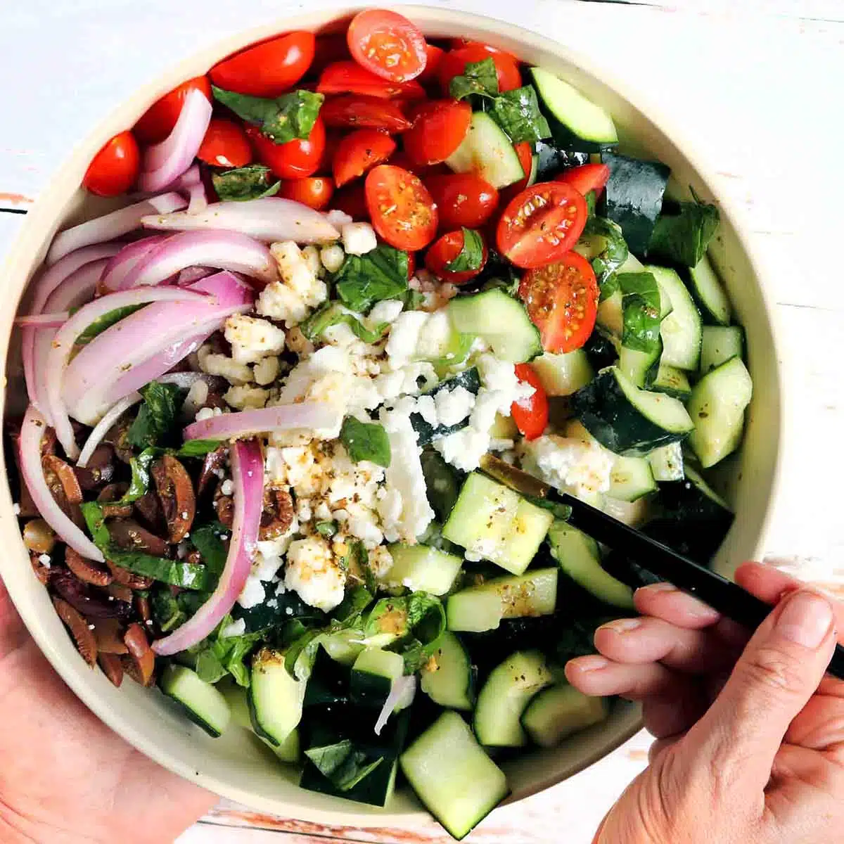 greek salad with with two hands holding it. 