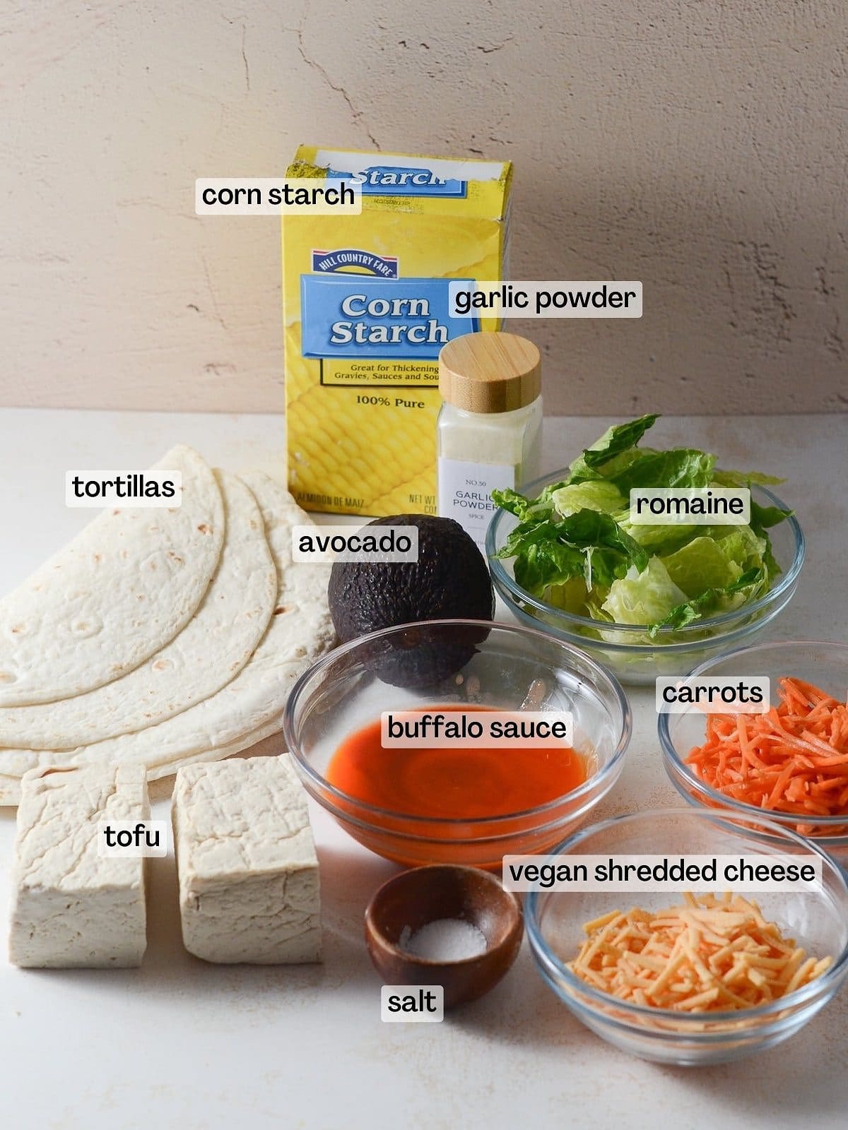 This is a photo of the ingredients for the buffalo tofu wrap. 