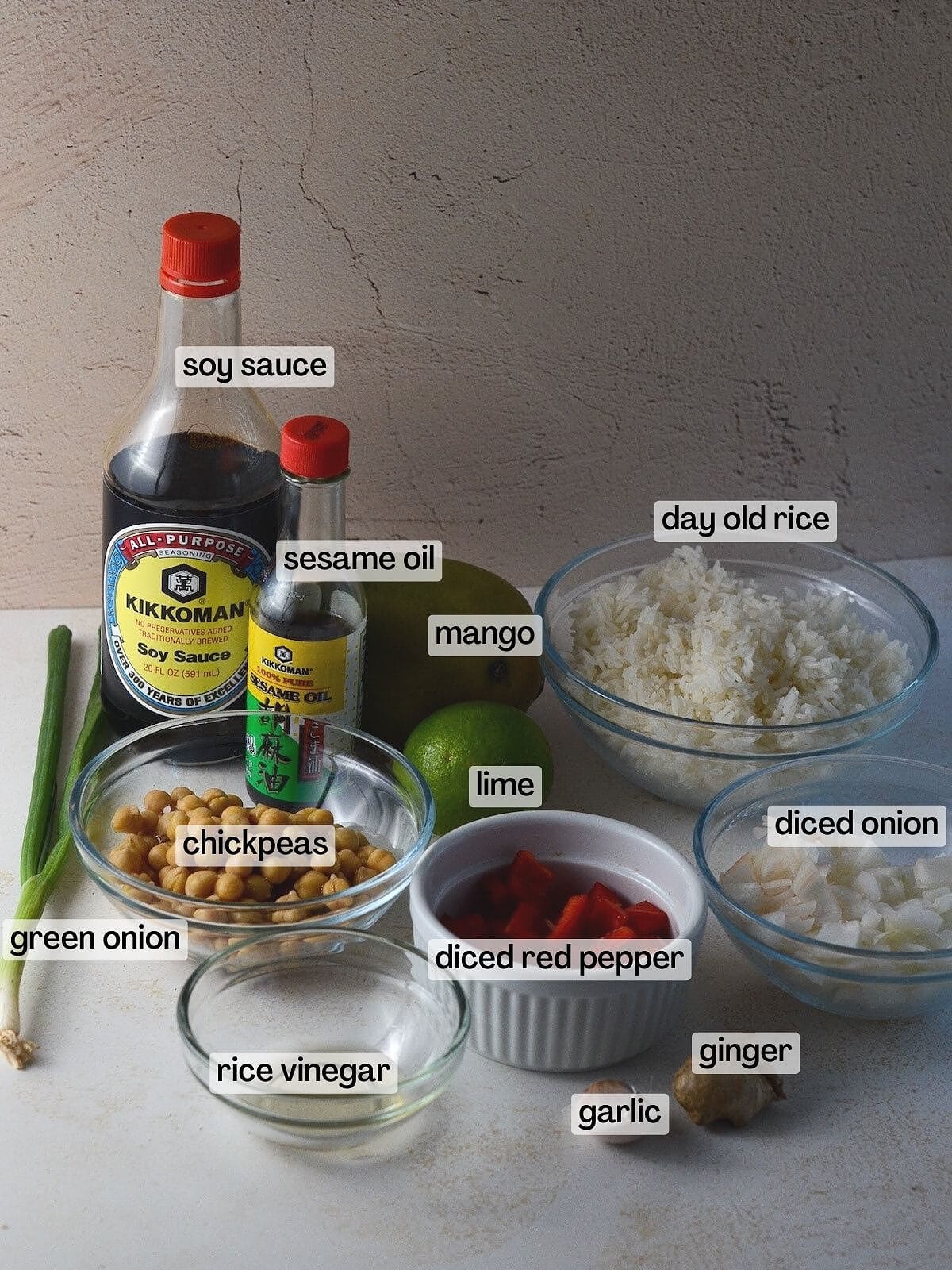 This is a photo of the ingredients for mango fried rice.