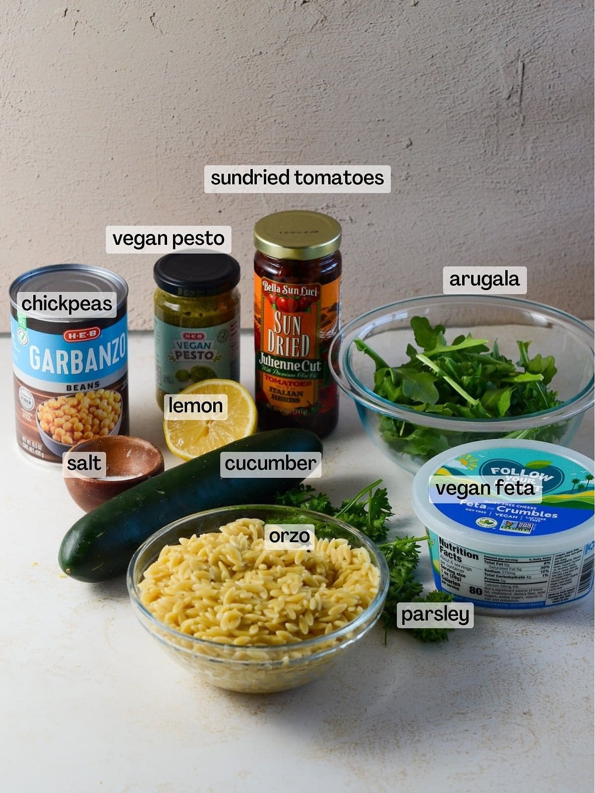 This is a photo of a the ingredients lined up for this pasta dish. 