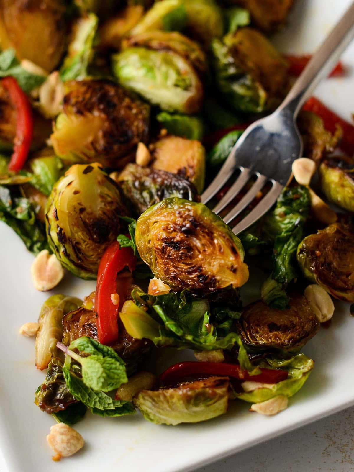 This is a photo of a thai brussel sprout on a fork. 