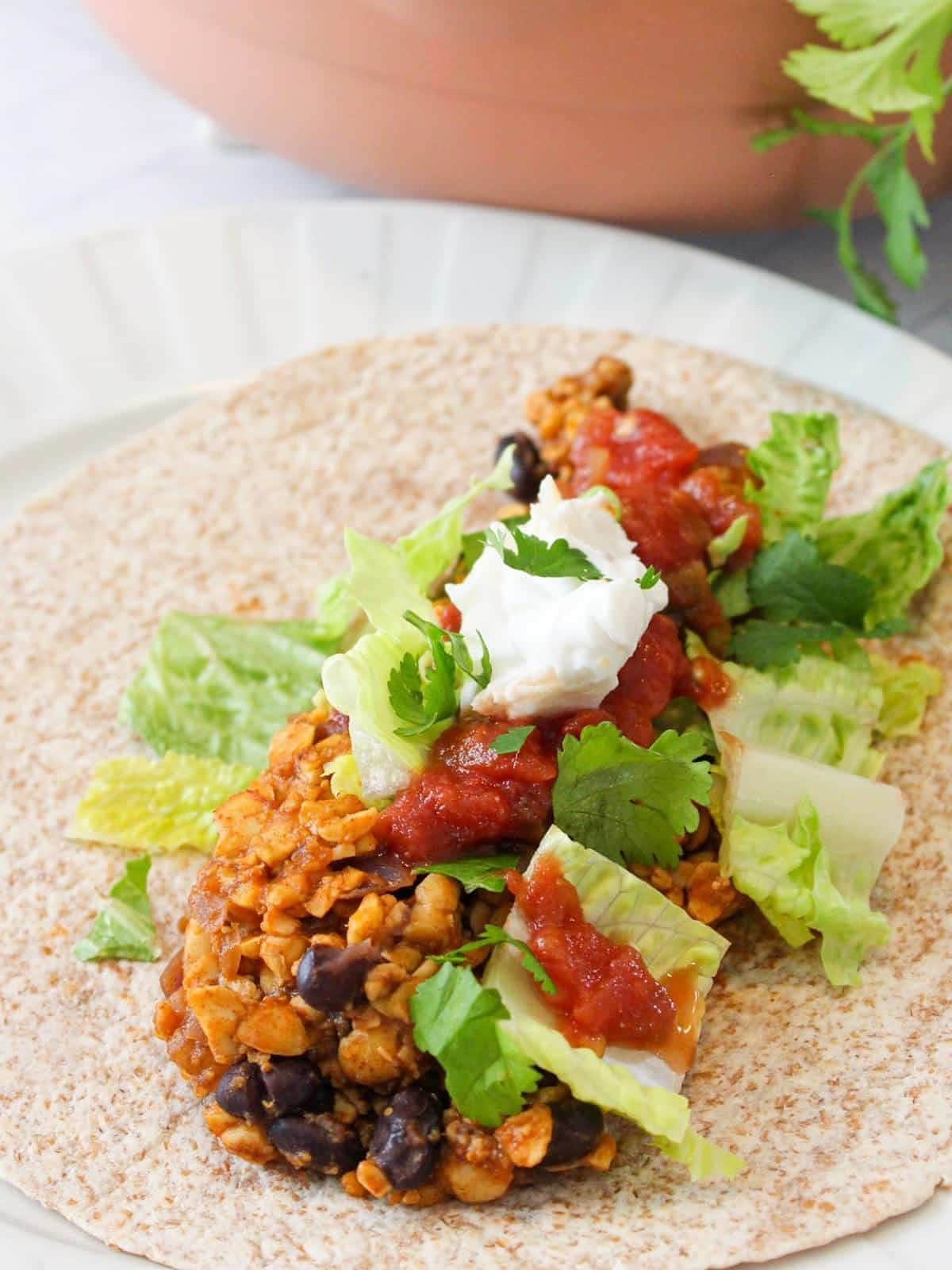 a tempeh taco on a plate with lettuce.