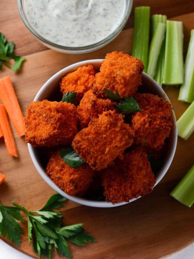 This is a photo of an aerial picture of air fryer buffalo tofu bites