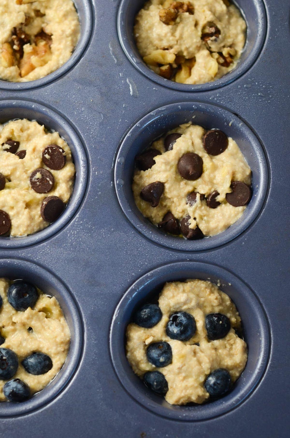 This is a photo of an overhead shot of the muffins before the oven.