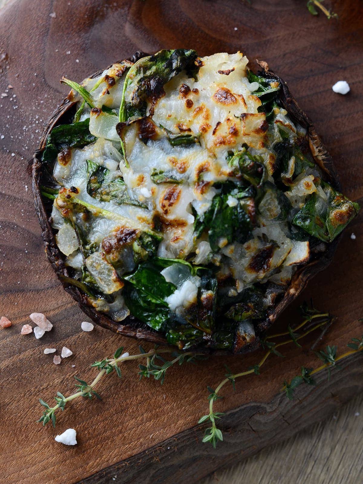 This is a photo of the air fryer portobello mushroom stuffed with spinach and feta. 