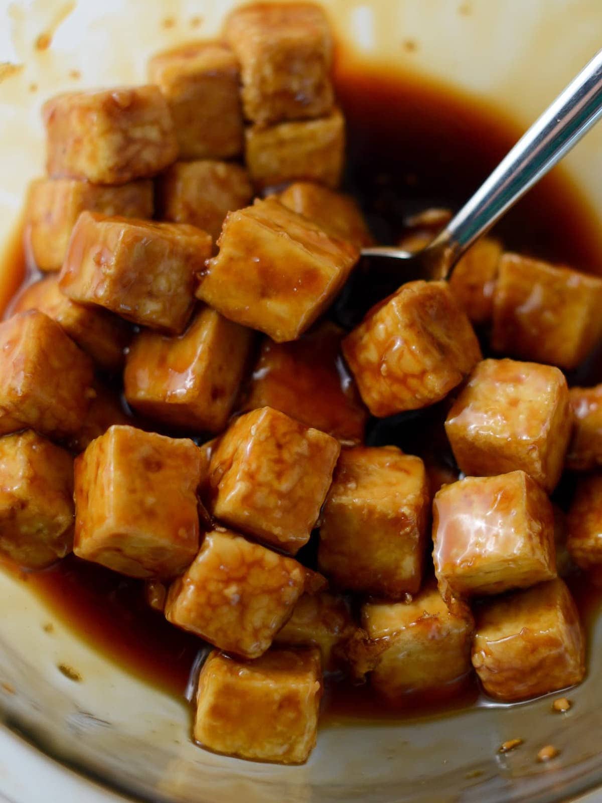 This is a photo of marinated teriyaki tofu.