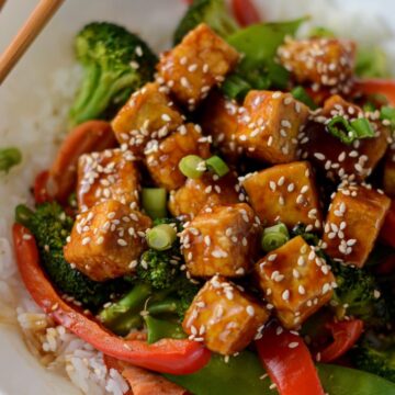 This is a photo of a close up picture of teriyaki tofu stir fry.