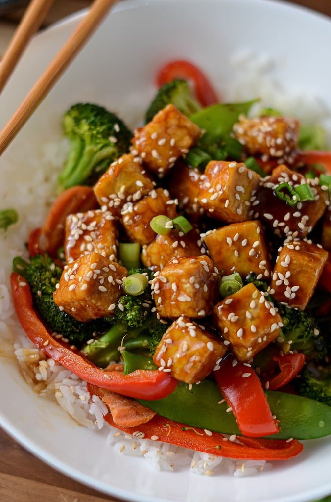 This is a photo of a close up picture of teriyaki tofu stir fry.