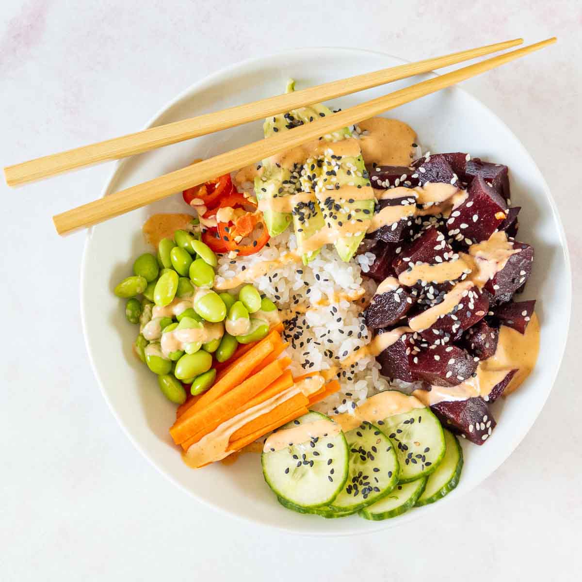 poke bowl with chopsticks. 