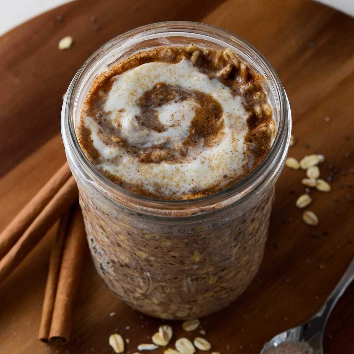 This is a photo of cinnamon roll overnight oats. 