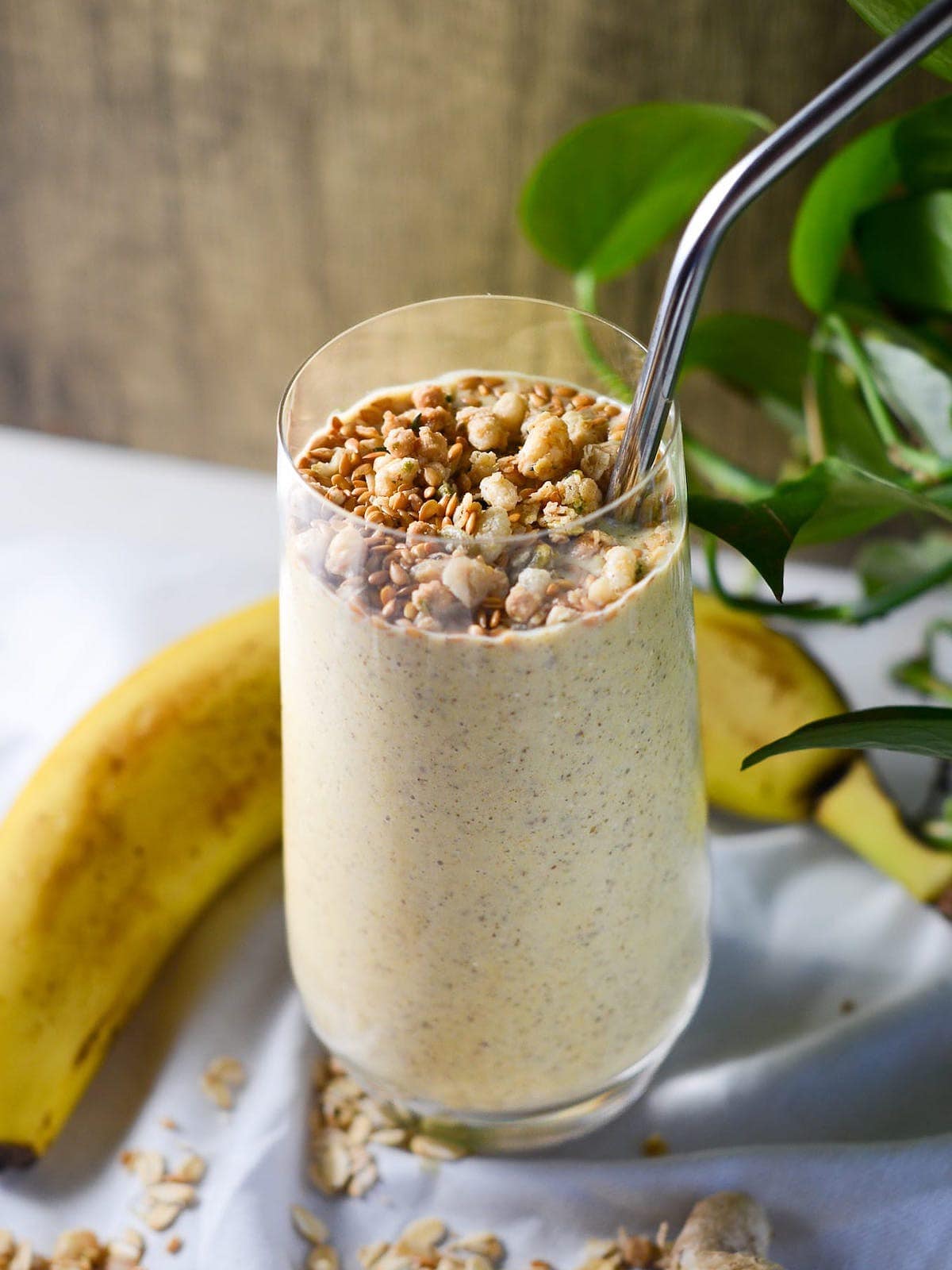 This is a photo of a gut health smoothie with banana and oats.