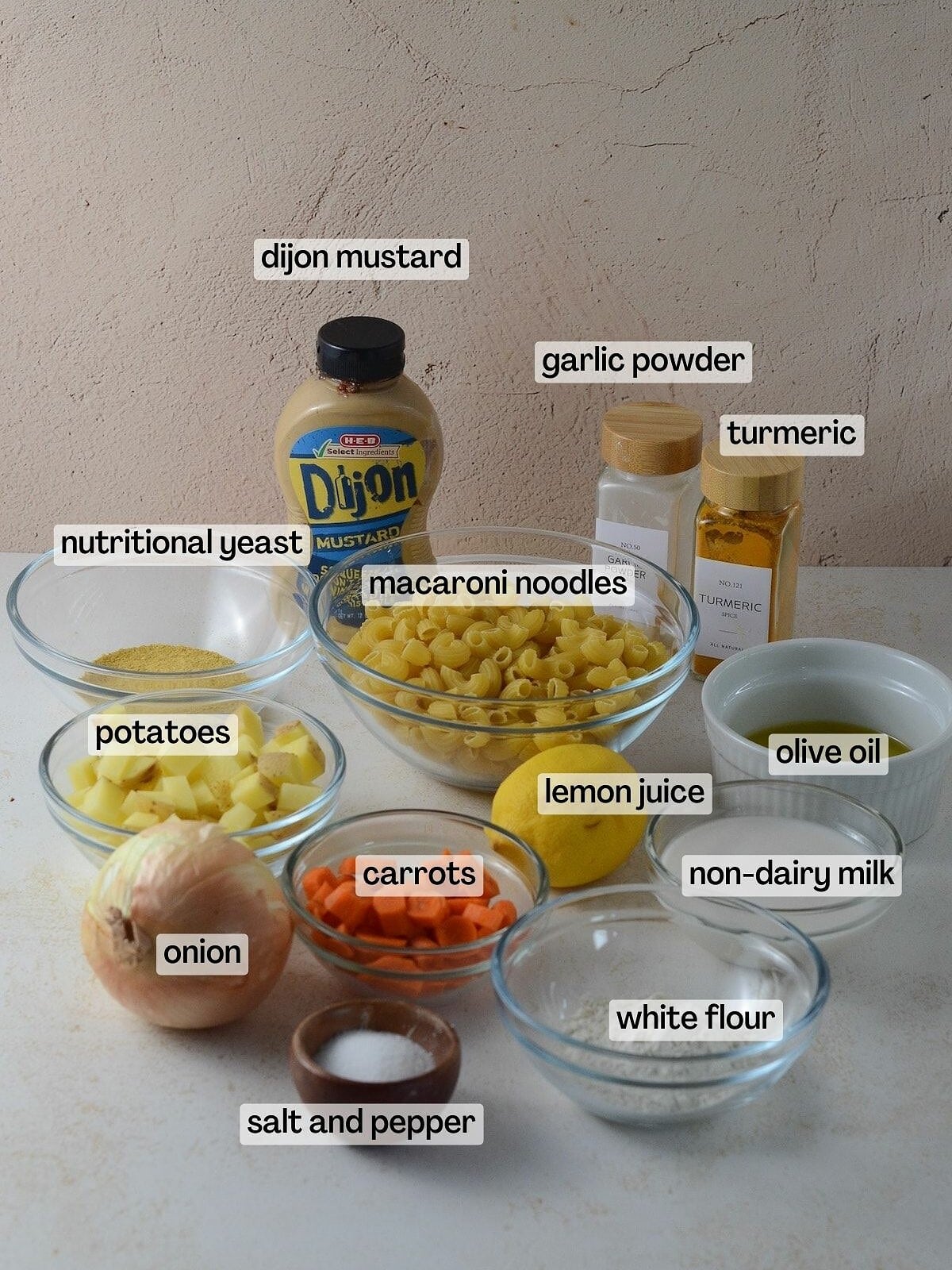 This is a photo of ingredients for vegan mac and cheese without cashews.