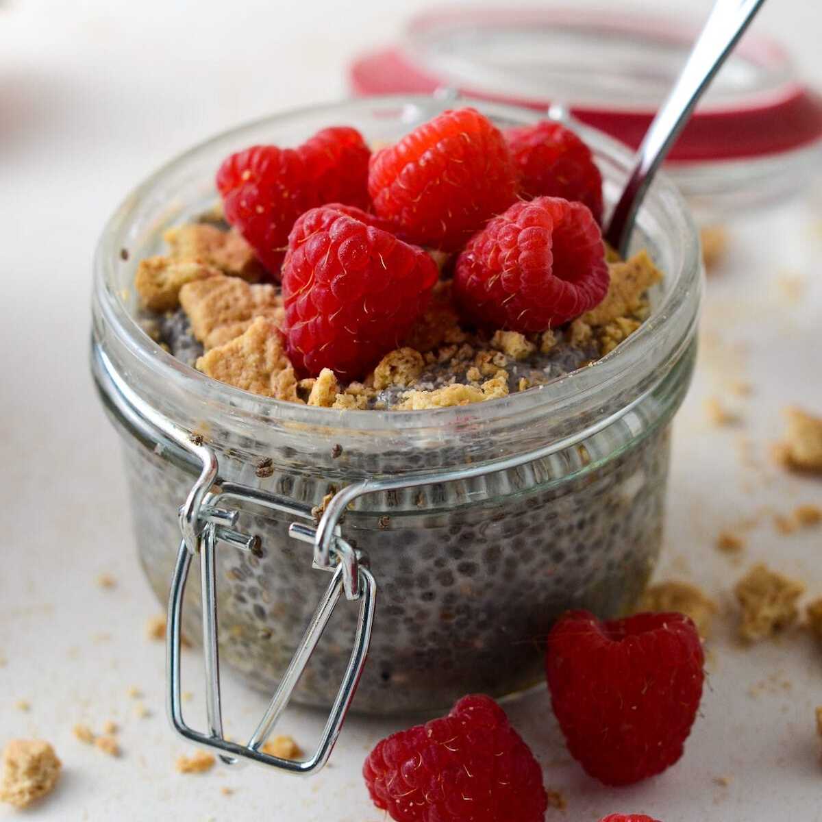 Photo of oat milk chia pudding with raspberries. 