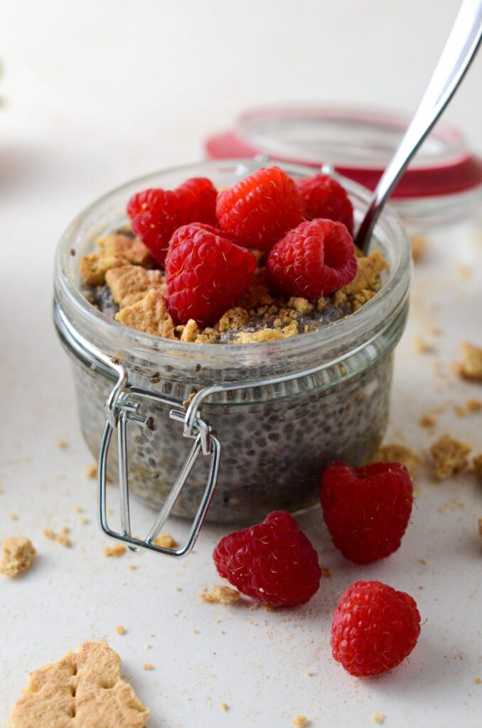 This is a photo of raspberry cheesecake oat milk chia pudding.