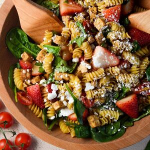 Strawberry balsamic tofu pasta salad