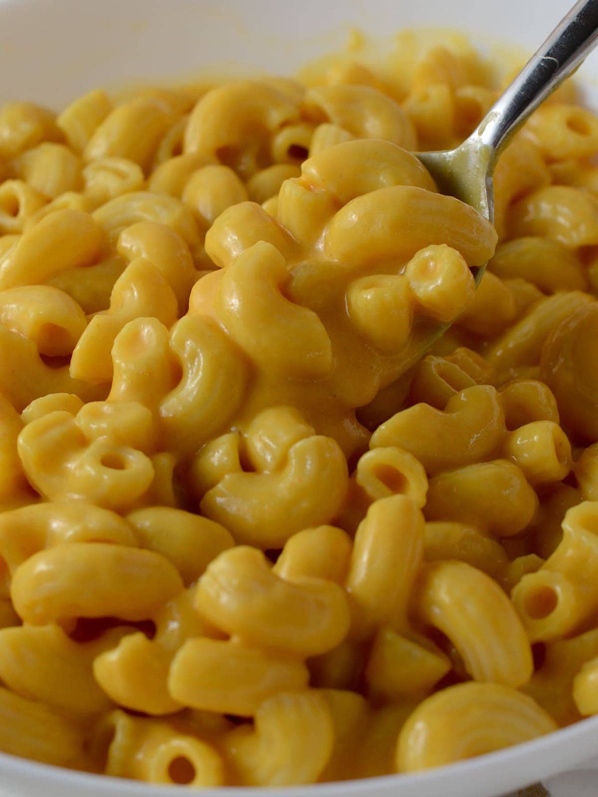 This is a photo of a spoonful of mac and cheese.