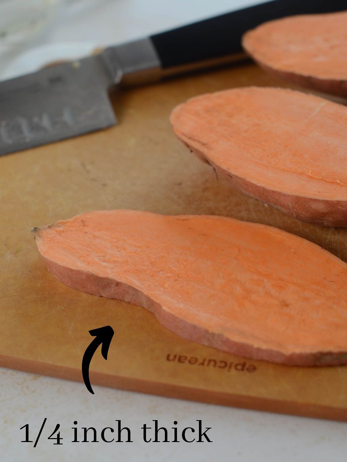 photo showing the proper thickness of the sweet potatoes.