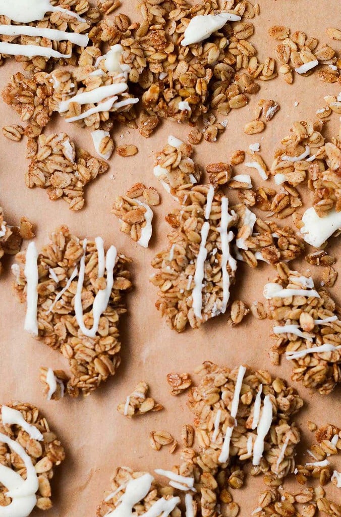 overhead shot of cinnamon roll granola clusters