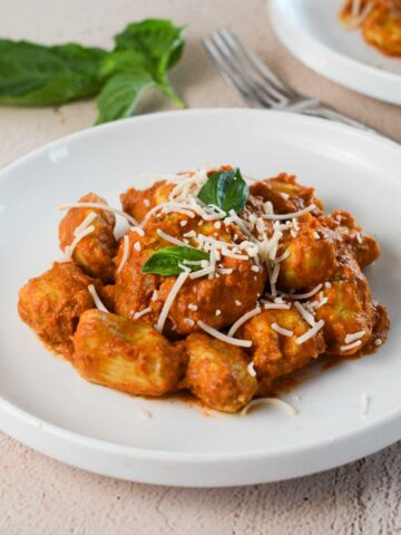 hero shot of the tofu gnocchi on a plate with parmesan and basil