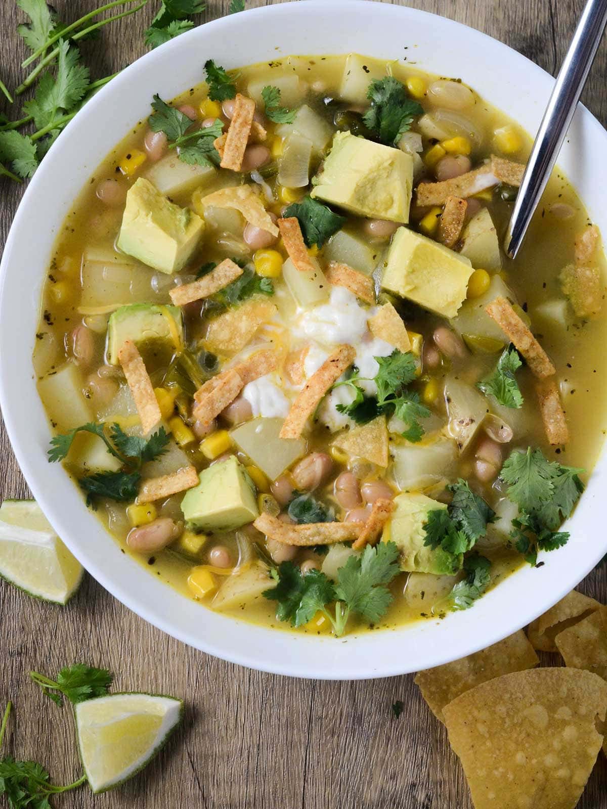 overhead shot of one pot vegan white bean chili