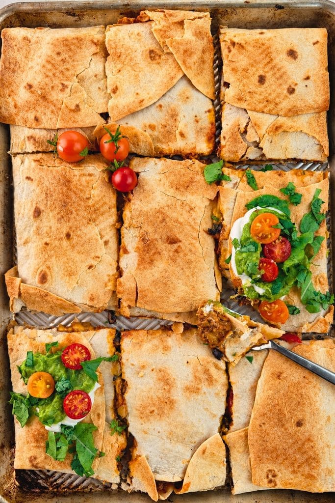 Sheet Pan Vegan Carnitas Quesadillas