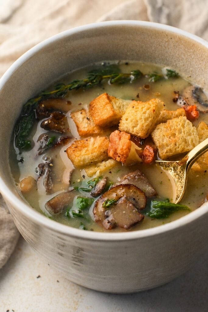 Creamy Mushroom White Bean Soup with Garlic Parmesan Croutons